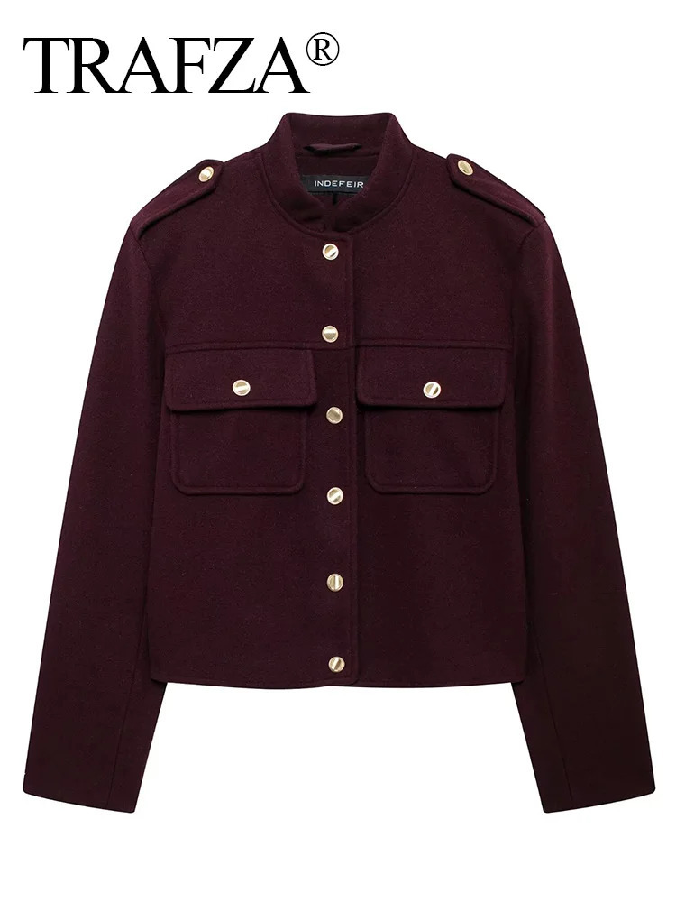 TRAFZA Fashion Women Soft Tweed Bomber Jacket O-Neck Long Sleeve Pockets Buttons Loose Woolen Coat Female Streetwear 250709