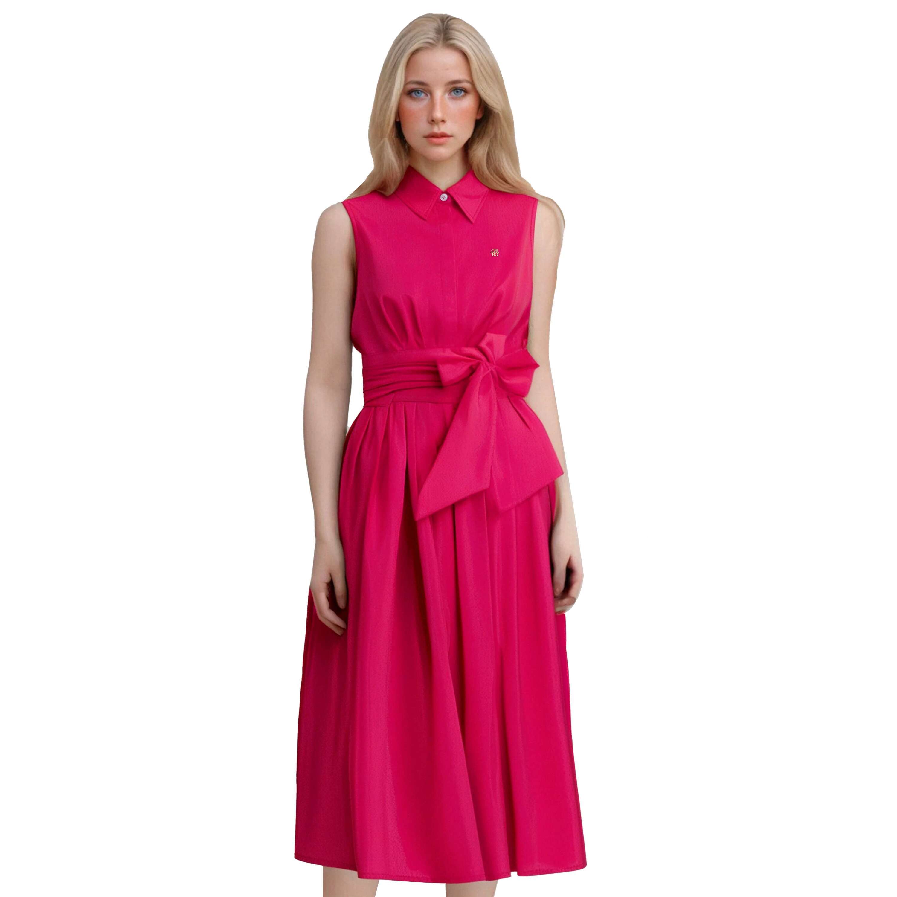 Summer Women Sleeveless Casual Lapel Shirt Dress Bow Belt Solid Color A Line Fashion Metal Buckle Female Dresses