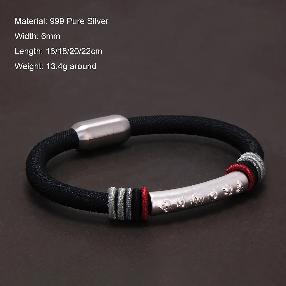 999 Pure Silver Six Words Mantra Tube Charm Rope Bracelet Hand Woven Black Red Braided Bracelet Women Men Retro Jewelry 250712