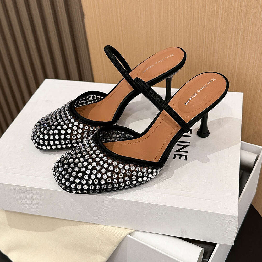 396-2 Rhinestone Round Toe Strap High Heels New Fashion Shallow Mouth Mesh Backless Single Women's Shoes