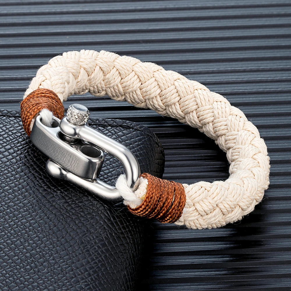 MKENDN Nautical Style Wide Rope Bracelet Fashion Men Stainless Steel Adjustable Shackle Clasp Wrap Bangles Handmade Jewelry Gift 250712