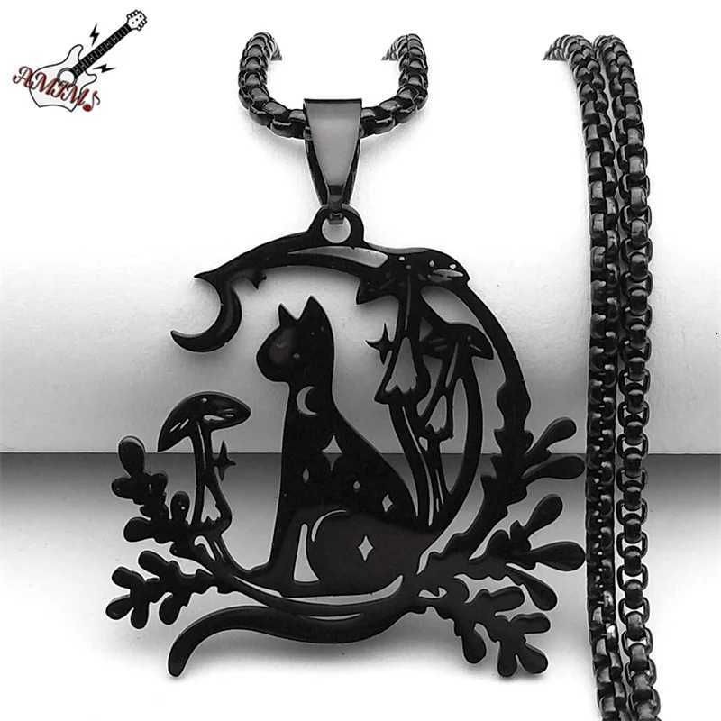 Night Witchcraft Black Cat Pendant Necklace For Women Men Stainless Steel Half-Moon Mushro Plant Chain Jewelry Gifts W250712