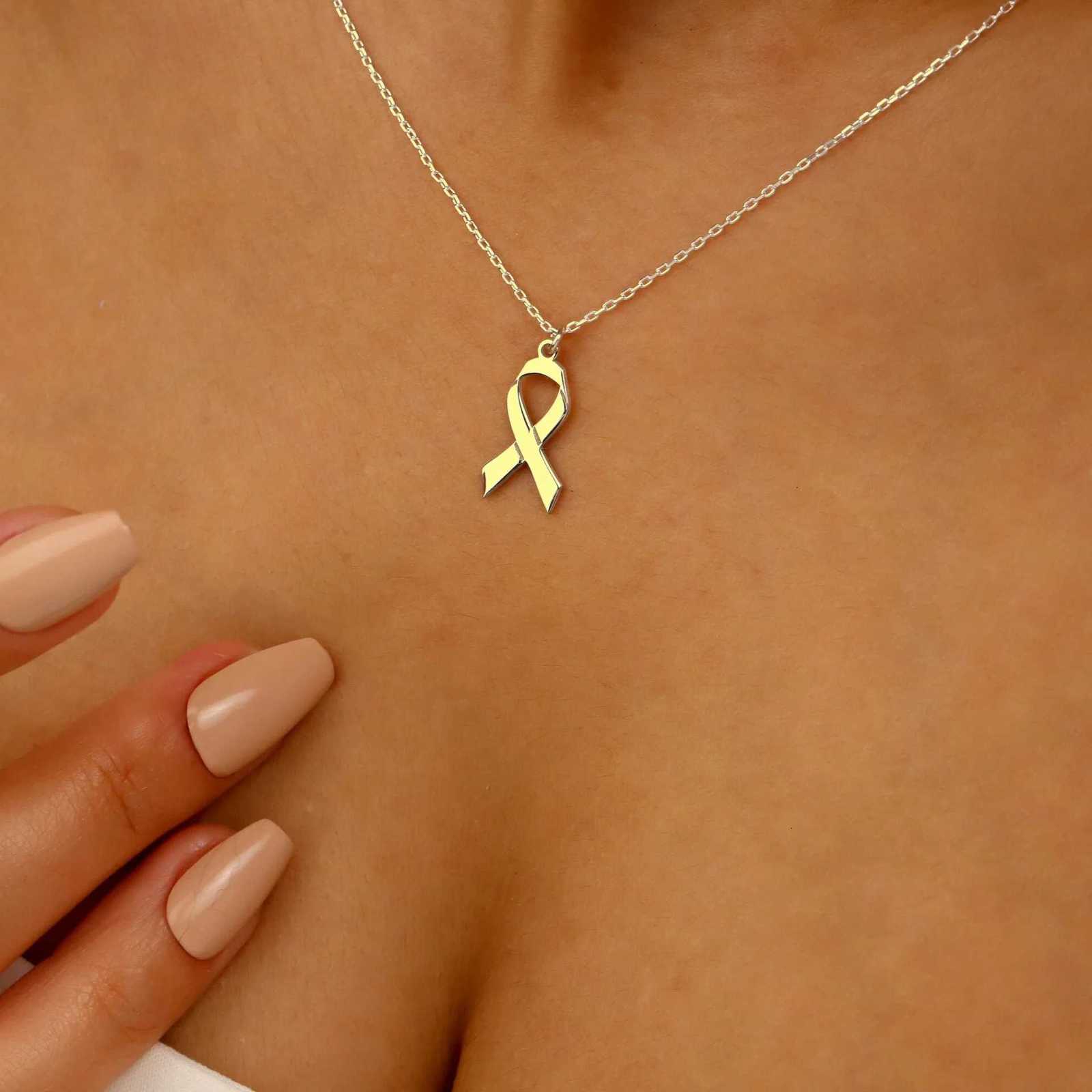 Breast Cancer Ribbon Necklace in Stainless Steel - Non-tarnish Cancer Survivor Tiny Bow Necklace W250712