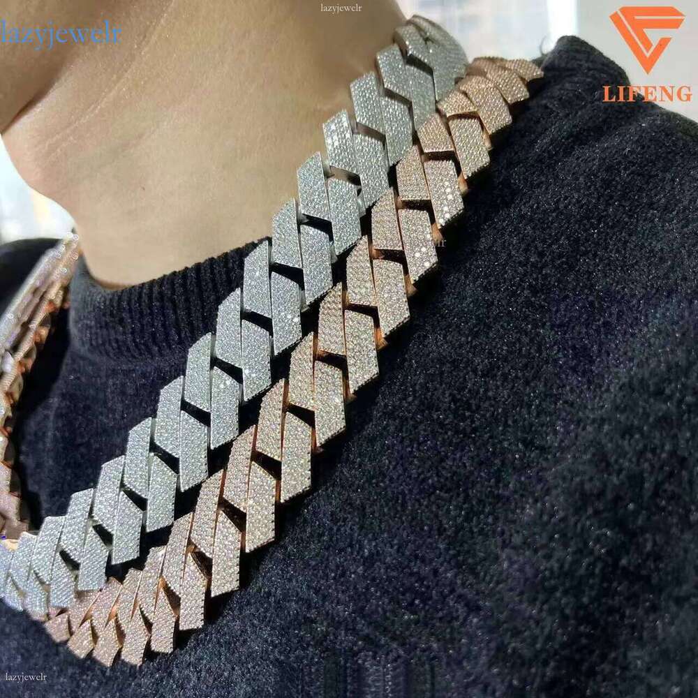 18mm 3 Rows Sliver Vvs Moissanite Iced Out Hip Hop Jewelry Mossanite Rose Gold Cuban Link Chain