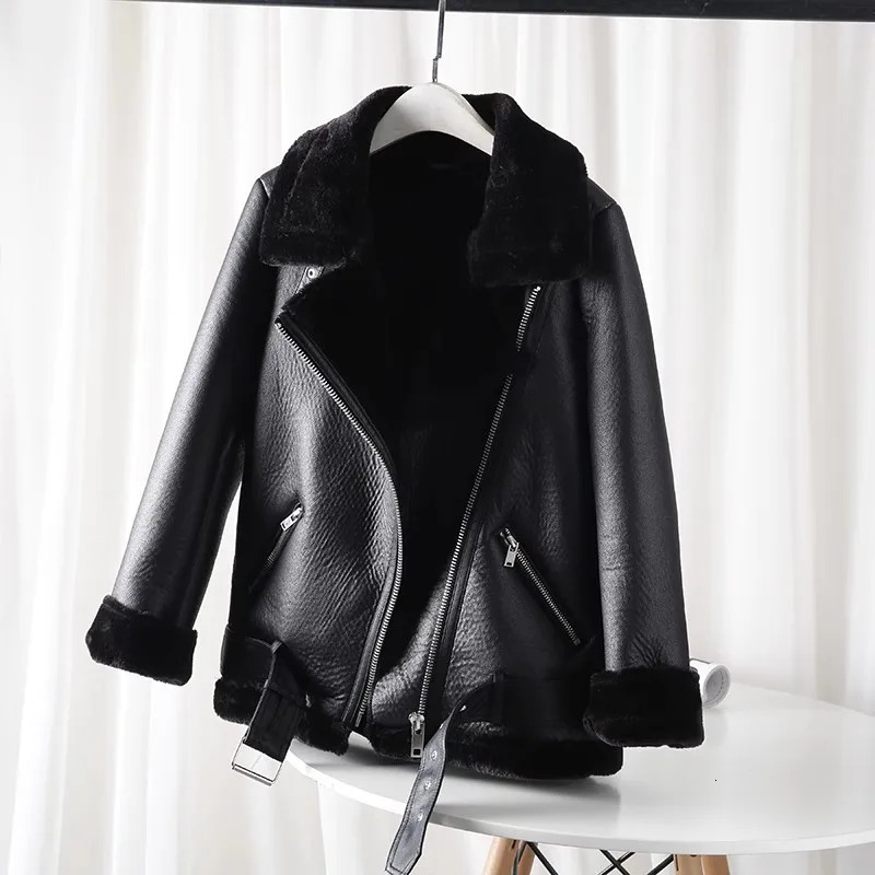ZVRI Classic Womens Double Sided biker Jacket with Thick fur Warm black womens jacket 250708