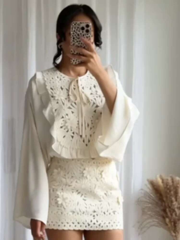 Y2k White Floral Embroidery Skirts For Women Patchwork Long Flare Sleeves Blouse Mini Skirt 2 Pieces Sets Lady Beach Outfit