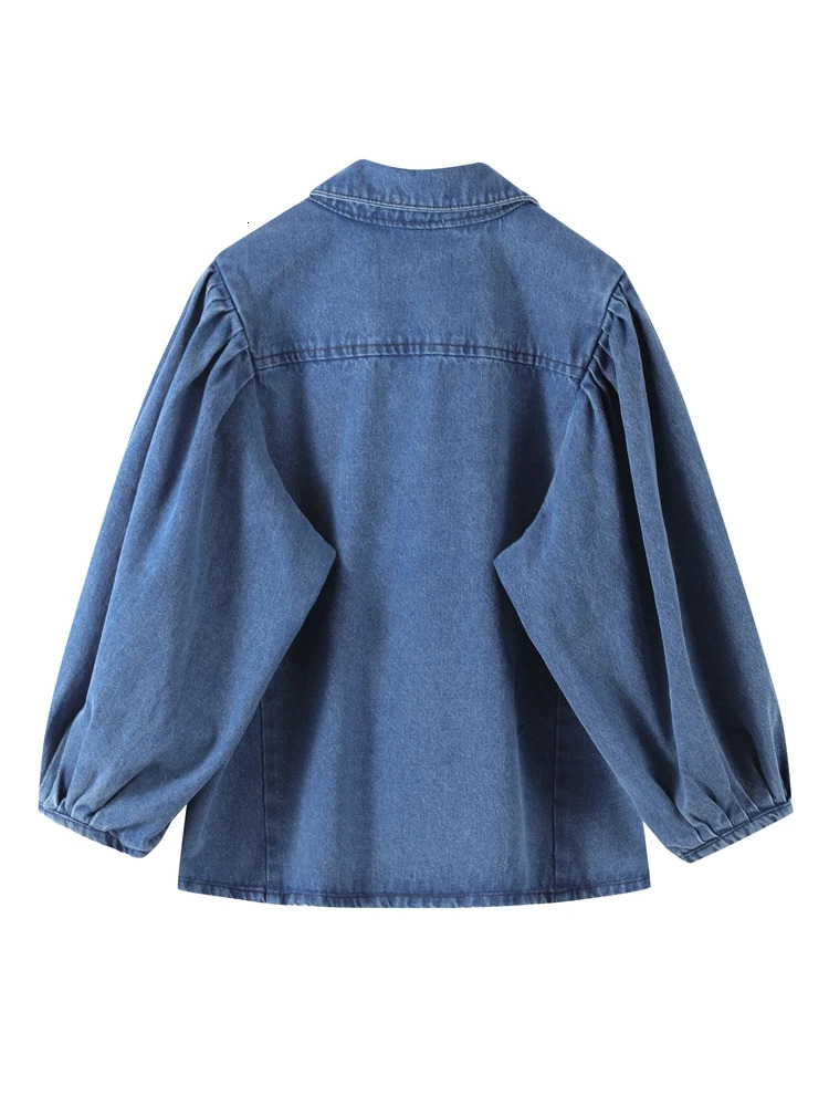 Street Denim Womens Shirt Solid Puff Half Sleeve Single Breasted Pleated Blouses Female 2025 Spring Summer Allmatch Streetwear 250704