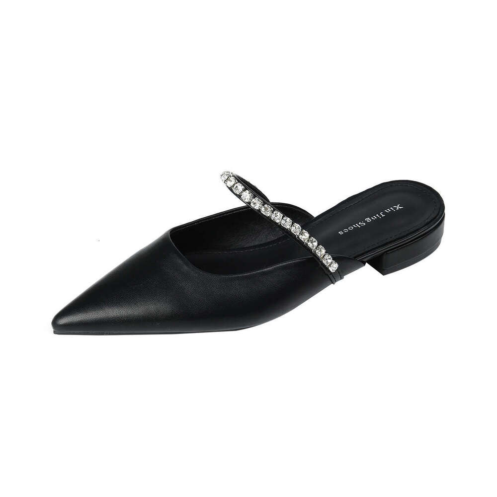 K77-1 Silver Rhinestone Chain Pointed Toe Flat 2024 Spring Style Elegant Light Luxury Sparkling Low Heel Shoes