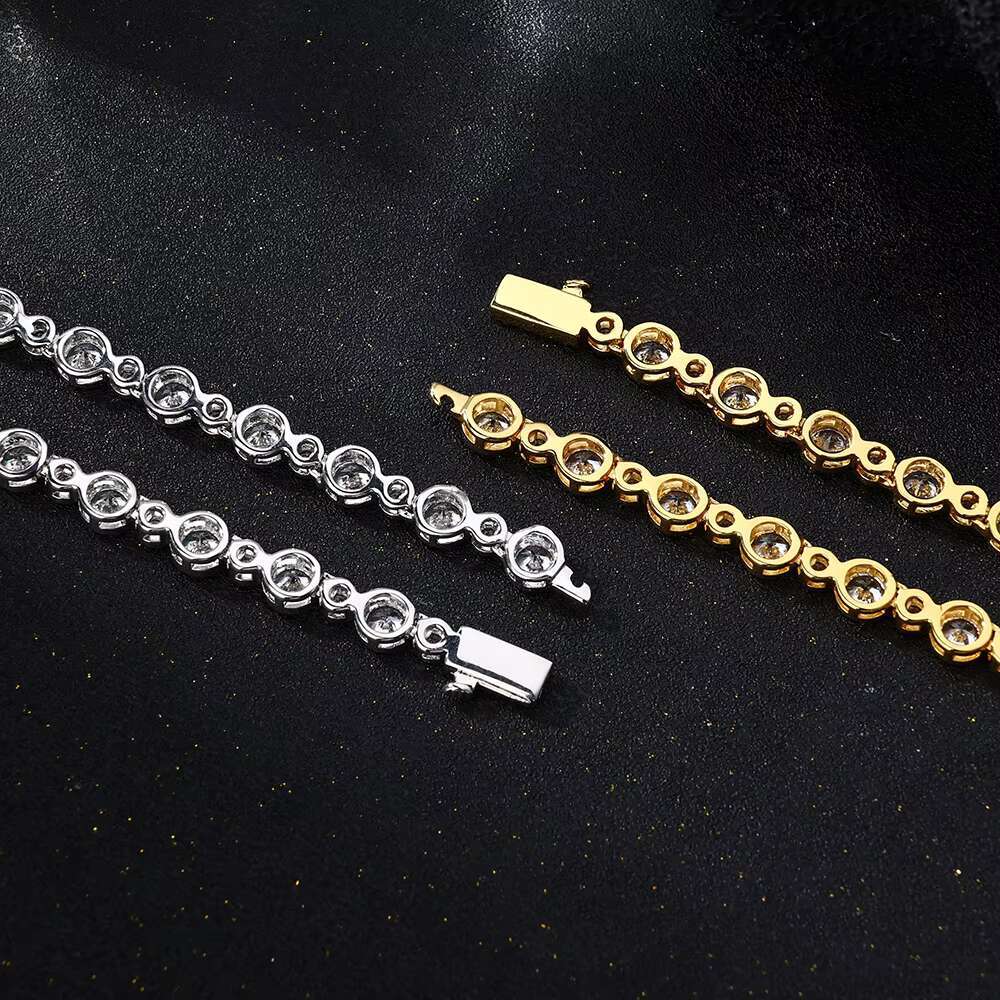 Hip Hop Women Jewelry Iced Out Gold Plated Diamond Tennis Link Chain Bracelet Set Round Cut Cubic Zirconia Bezel Tennis Necklace