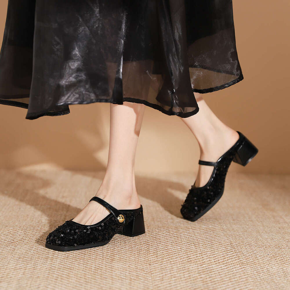 T8-17 French Style Silver One-Strap Mid-Heel Mary Jane New Shallow Mouth Square Toe Chunky Heel Women's Shoes