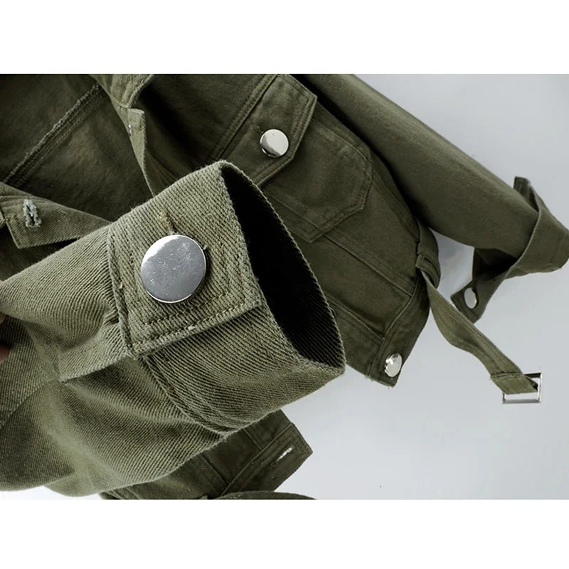 Autumn Vintage Army Green Black Khaki Denim Jacket Women Hem Belt Big Pocket Cowboy Outerwear Loose Short Jeans Jackets Female 250709