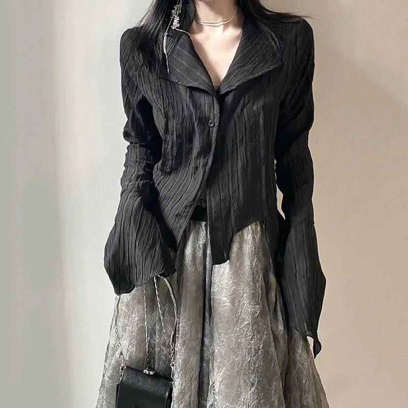 Karrcat Gothic Black Shirts Irregular Yamamoto Style Flare Sleeve Blouse Dark Aesthetic Grunge Clothes Harajuku Mall Goth Tops 250708