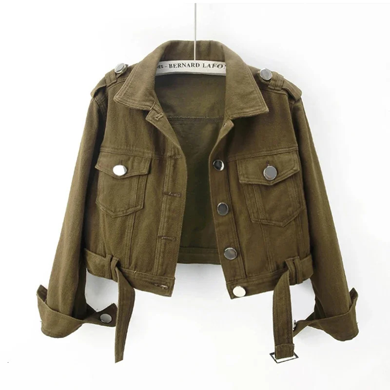 Autumn Vintage Army Green Black Khaki Denim Jacket Women Hem Belt Big Pocket Cowboy Outerwear Loose Short Jeans Jackets Female 250709