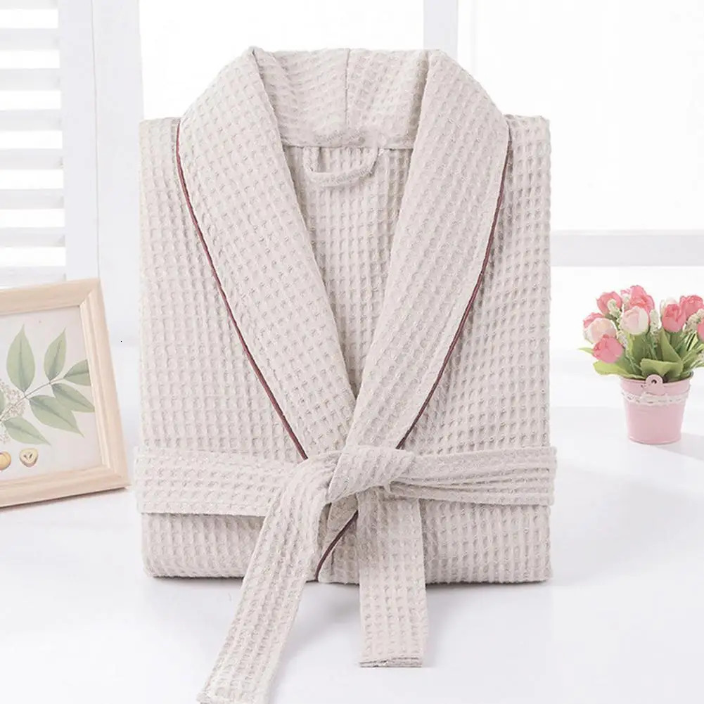 Unisex Nightgown Solid Color V Neck Long Sleeve Lace-up Waist Pockets Men Sleepwear Cotton Mid-length Cotton Waffle Bathrobe 250710