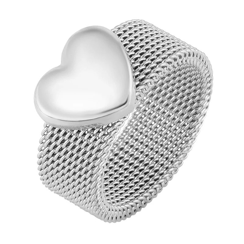 Fashion Love Heart Mesh Rings Charm Reticulate Shiny Stainless Steel Round OL Finger Ring For Men Women Wedding Party Jewelry 250708