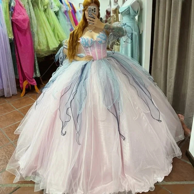Light Pink Quinceanera Dresses Off the Shoulder Party Birhtday Tull Long tail Vestido 15 De Anos Sweet 16 Dress