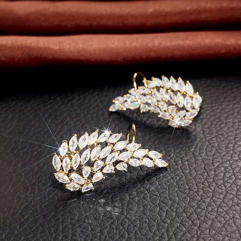 Angel Wing Feather Silver Gold Plated Zirconia Earrings Wedding Engagement Ear Bone Clip Bridal Stud Earrings for Women