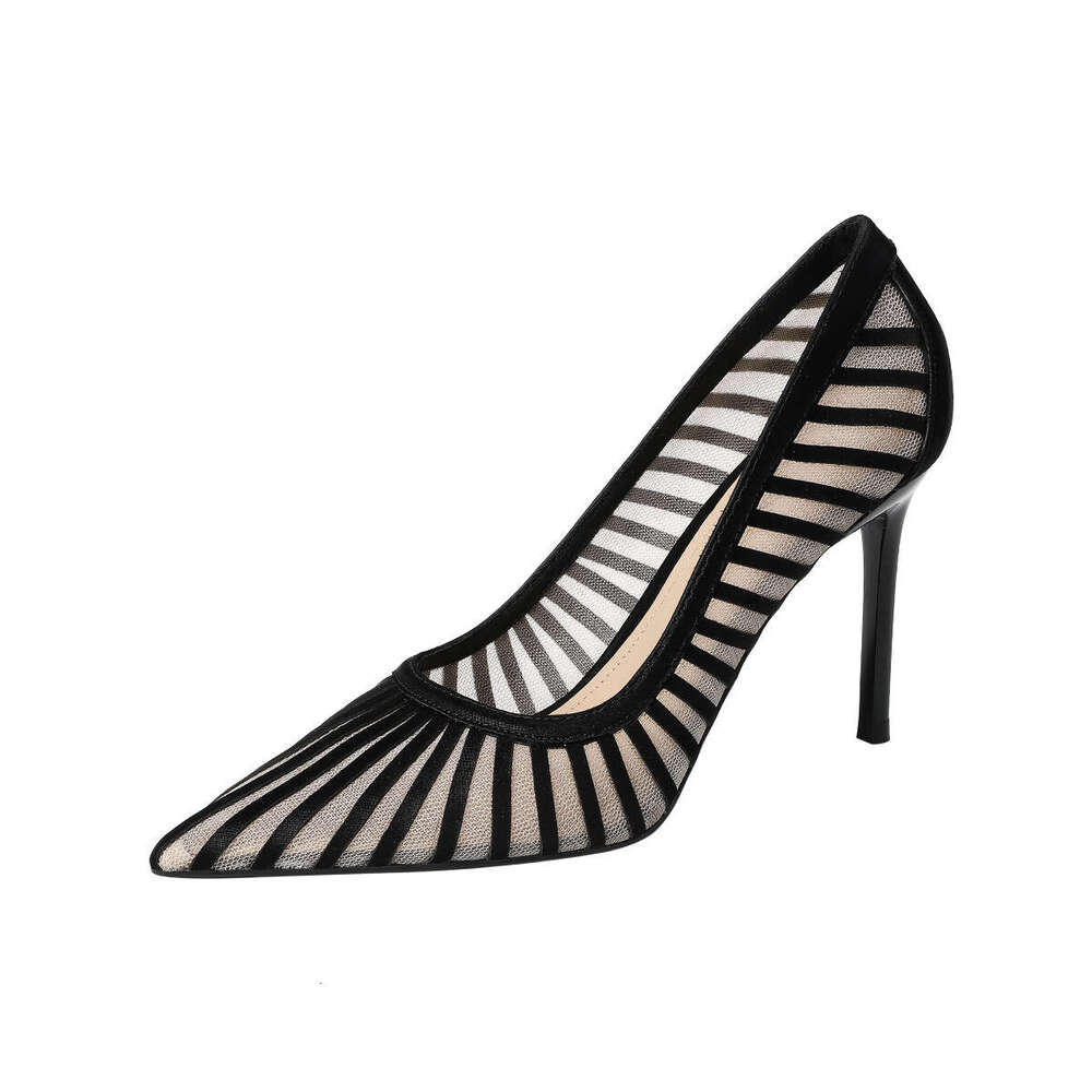 97035-18 Mesh High Heels Goddess Style New Pointed Toe Elegant Striped Single Fashion Stiletto Socialite Women's Shoes