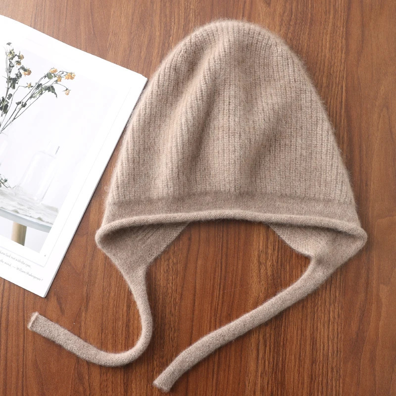100%Pure Wool Womens Winter Knitted Hats Cute Lace-up Students Pullover Hat Autumn Winter Warm Windproof Earflap Beanies Female 250712
