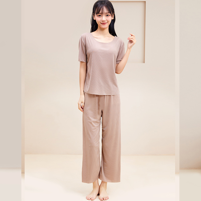 X197-Spring and summer ice silk couple pajamas set seamless loose large size home clothes women's pajamas