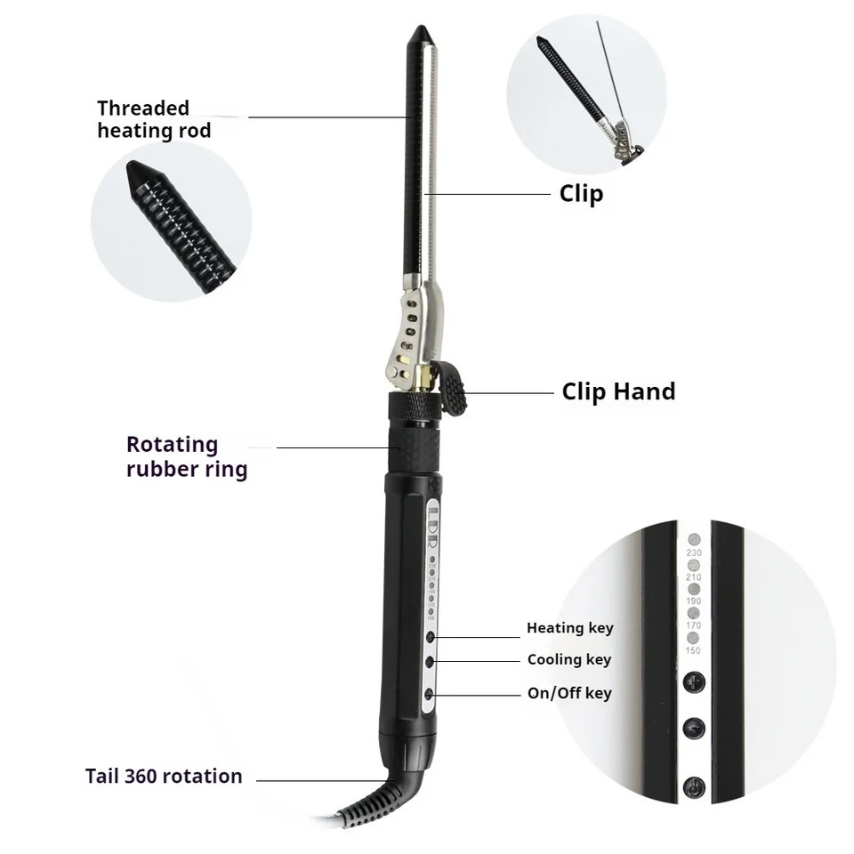 9mm Thin Hair Curl Iron Ceramic Barrel Curler Electric Curling Rod Iron for Mens Short Hair Deep Curly Wand Rotating 360 Degree 250712