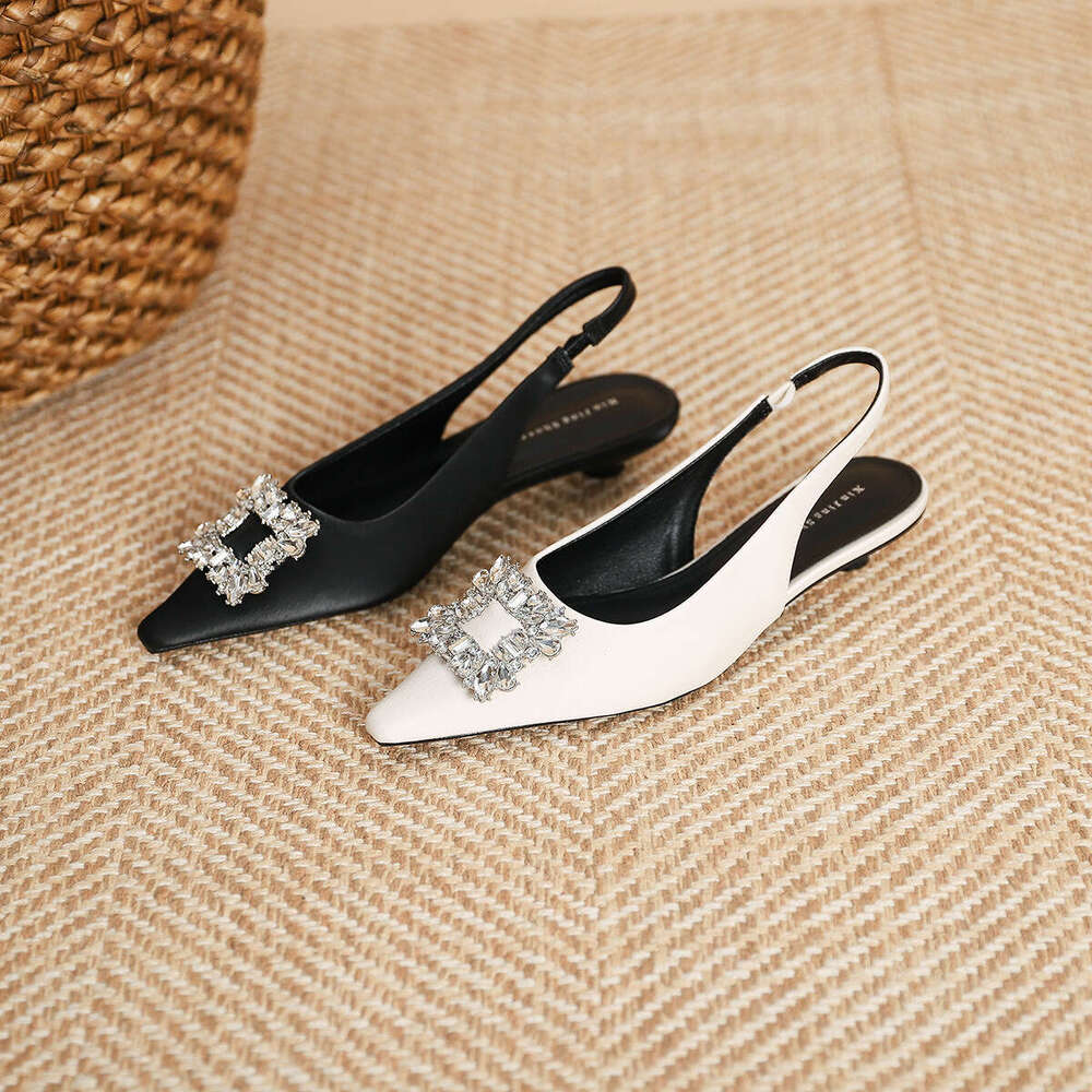 139-6 Sparkling Diamond Pointed Low Heel Spring Summer New French Style Shallow Mouth Square Buckle Backless Flat Single Women's Shoes