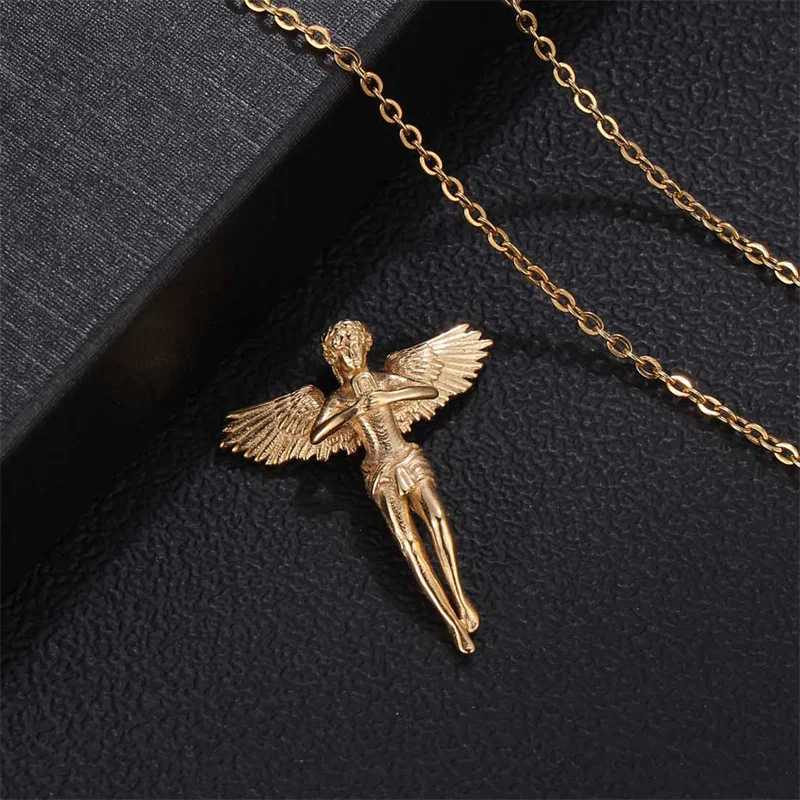 18K Gold Plated Angel Wing Signet 3D Pendant Necklace Hiphops Stainless Steel Cupids Angel Pendant Men Jewelry W250712