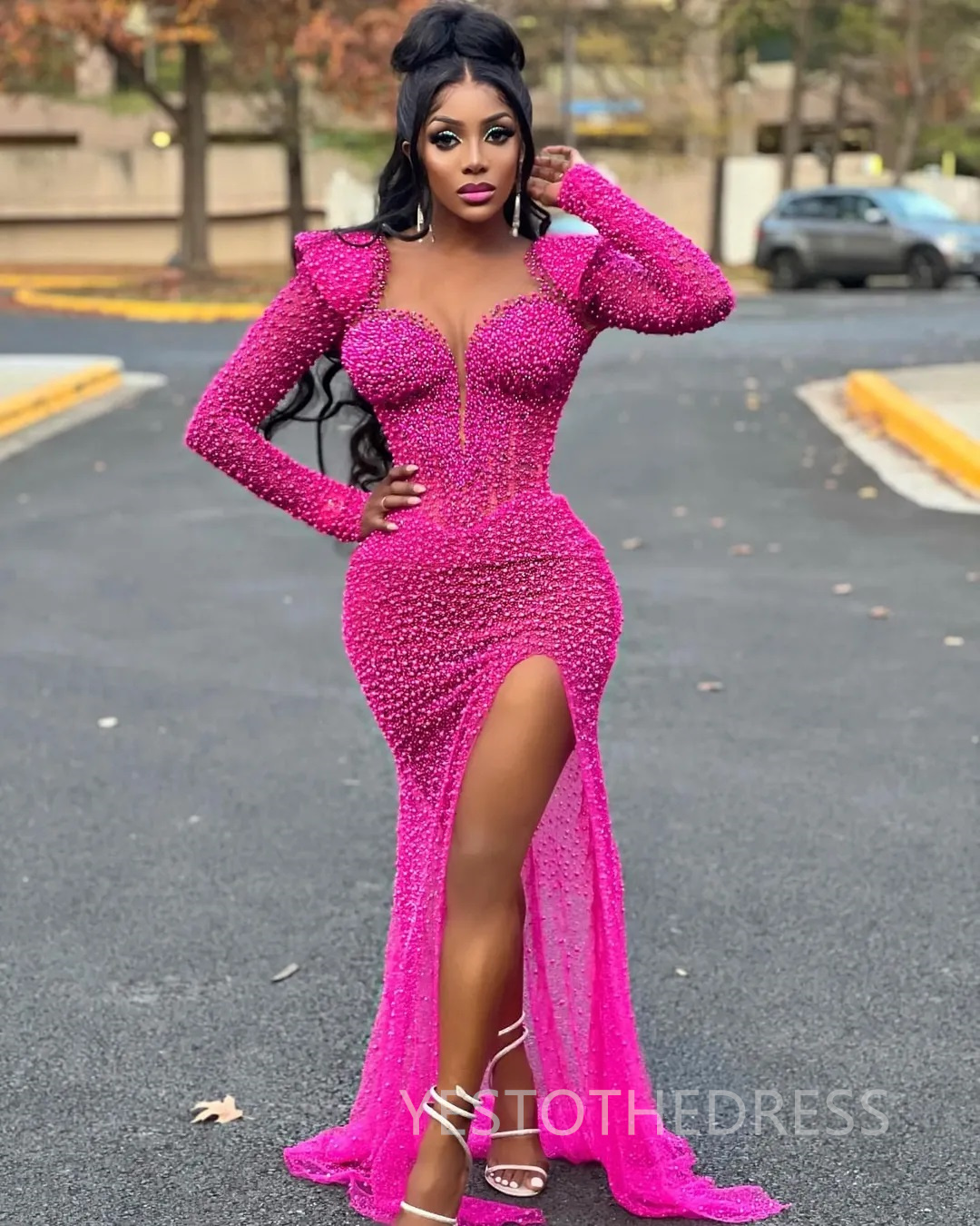 2025 Fuchsia Aso Ebi Prom Dress African Mermaid Prom Dresses Evening Formal Gowns Jewel Side Split Pearls Sequined Lace Birthday Dress Second Receptio