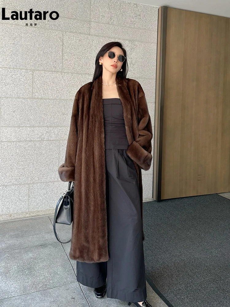 Lautaro Autumn Winter Long Elegant Chic Soft Thick Warm Brown Hairy Faux Mink Fur Coat Women V Neck Fluffy Overcoat 250708