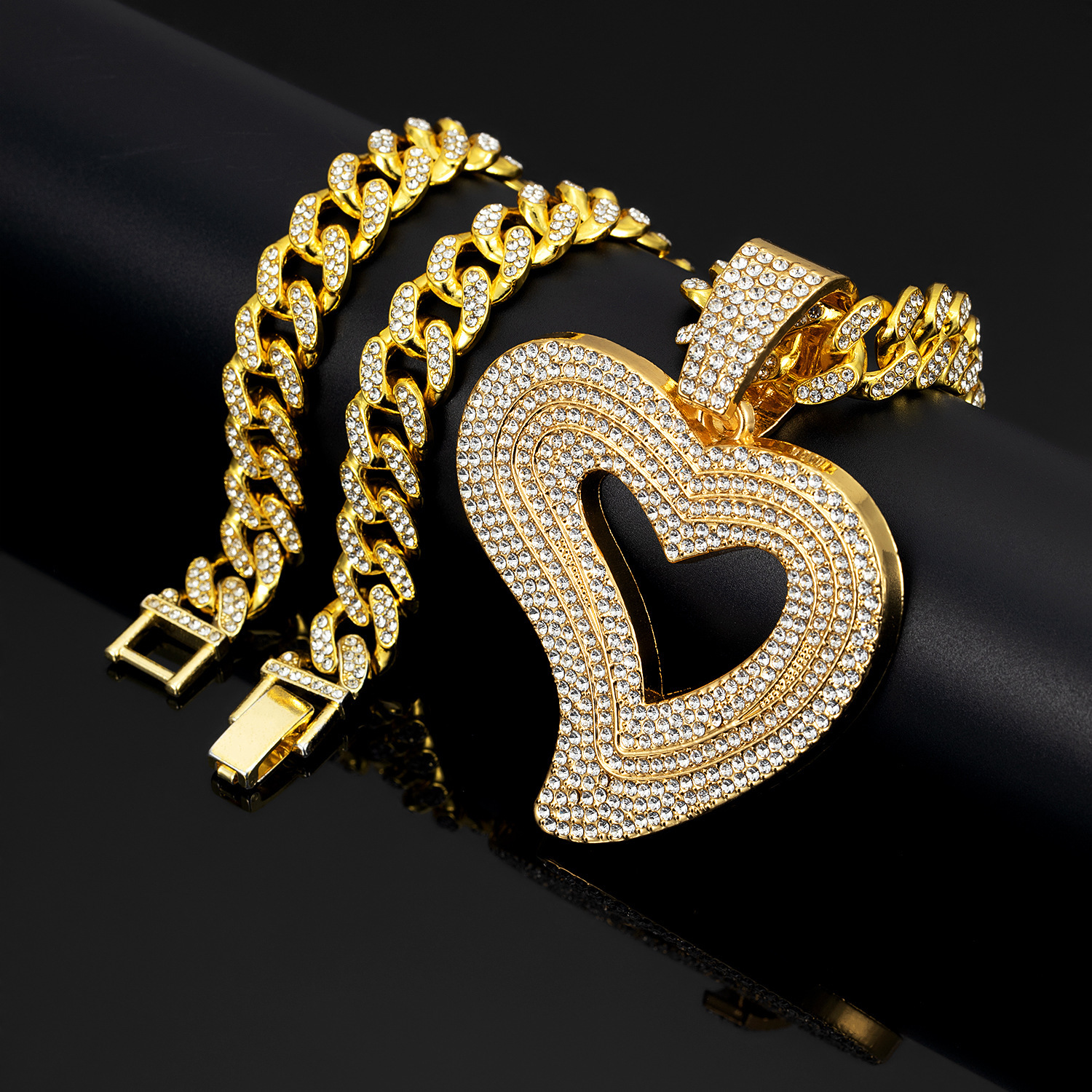 Luxury Jewelry Designer Jewelry European And American Cross-border New Luxury Heart Full Diamond Alloy Pendant Necklace Hip-hop Trendy Men's Jewe