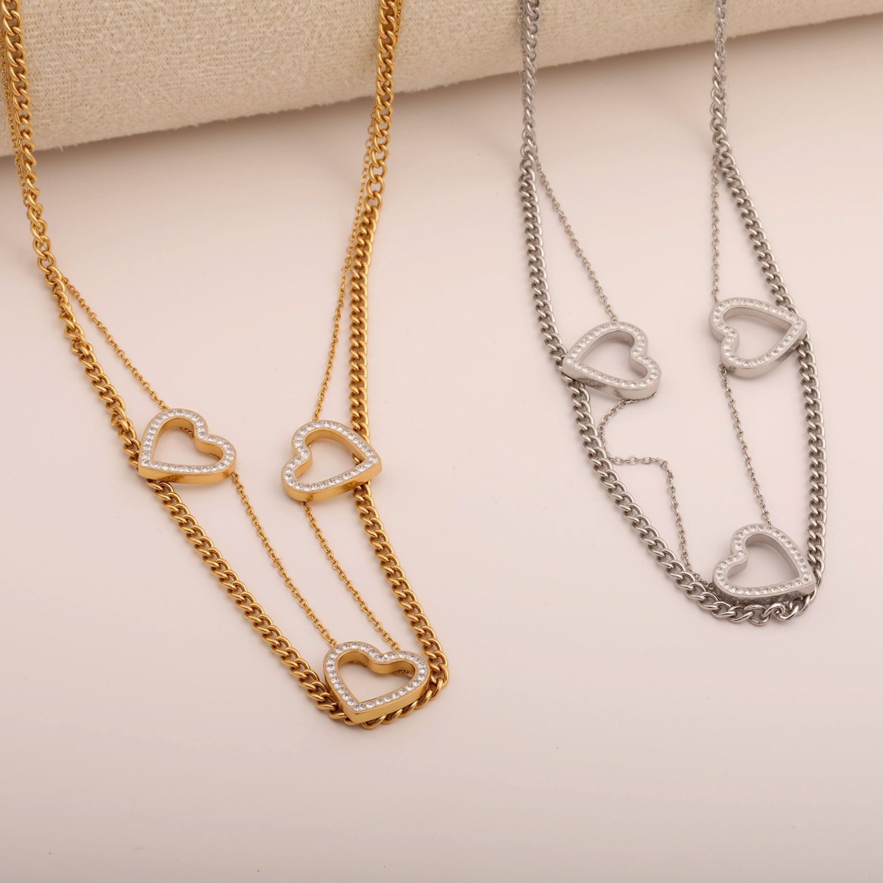 Luxury Jewelry Designer Jewelry European And American Light Luxury Style Inlaid Diamond Hollow Heart Double Layer Stacked Necklace For Women High-end 