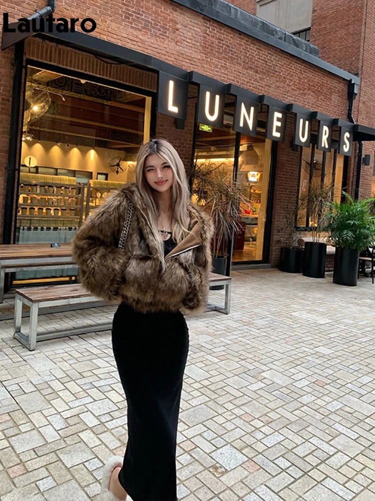 Lautaro Autumn Winter Chic Short Soft Thick Warm Hairy Shaggy Faux Fur Coat Women with Hood Zipper Fluffy Jacket 250708