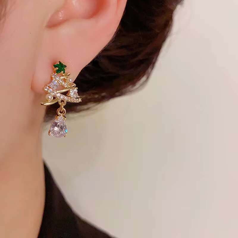 Exquisite Christmas Tree Design Red/Green Cubic Zirconia Pearl Earring for Women Trend Party Gold Plated CZ Stud Earrings