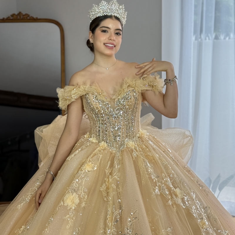 Yellow Quinceanera Dresses Ball Gown Off The Shoulder Applique Flower Beads Tull Corset Party Birthday Sweet 16 Dress Vestidos 15 Anos