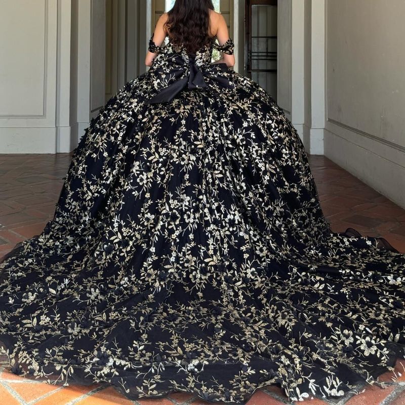 Black Sparkly Quinceanera Dresses Off Shoulder Sequin Gold Appliques Lace Beads Ball Gown Sweet 16 Dress Party Birthday Vestidos De 15 Anos