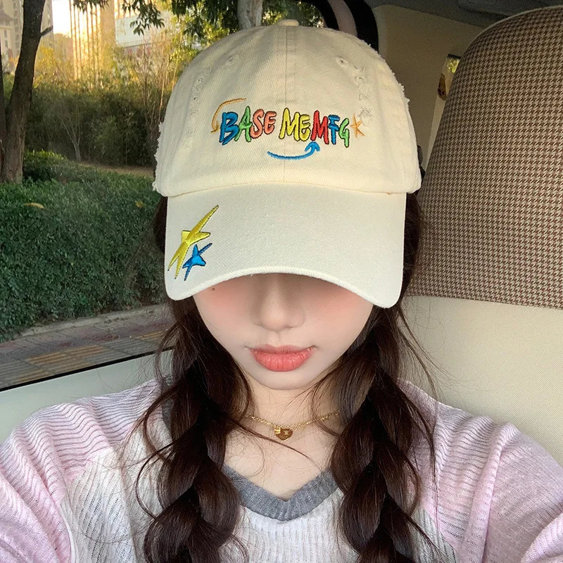 Y2k Cute Star Embroidered Baseball Caps Unisex Spring and Summer Street Fashion Versatile Retro Hole Hip Hop Hats for Women 250711