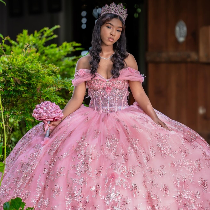 Pink Shiny Quinceanera Dresses Ball Gown Off The Shoulder Sequin Applique Flower Beads Tull Corset Party Birthday Sweet 16 Dress Vestidos 15 Anos