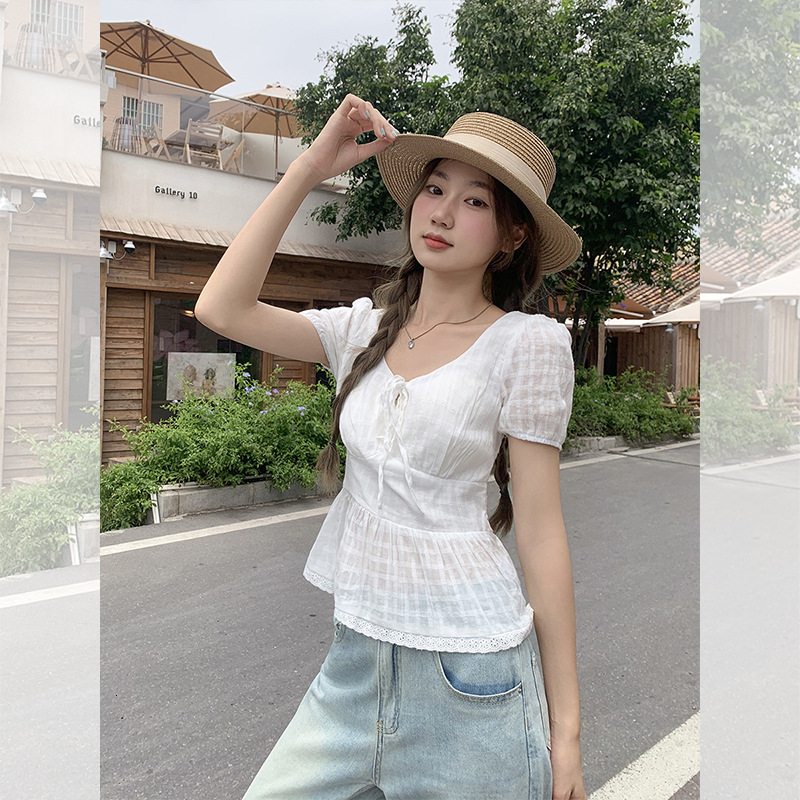 New Women's Top Pure Desire Style Bow Short Sleeve T-shirt Women's Summer New French Age Reducing Waist Slimming Short Top New Designer T-sh