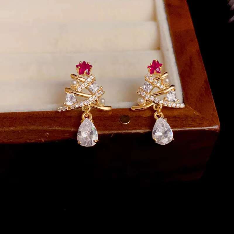 Exquisite Christmas Tree Design Red/Green Cubic Zirconia Pearl Earring for Women Trend Party Gold Plated CZ Stud Earrings