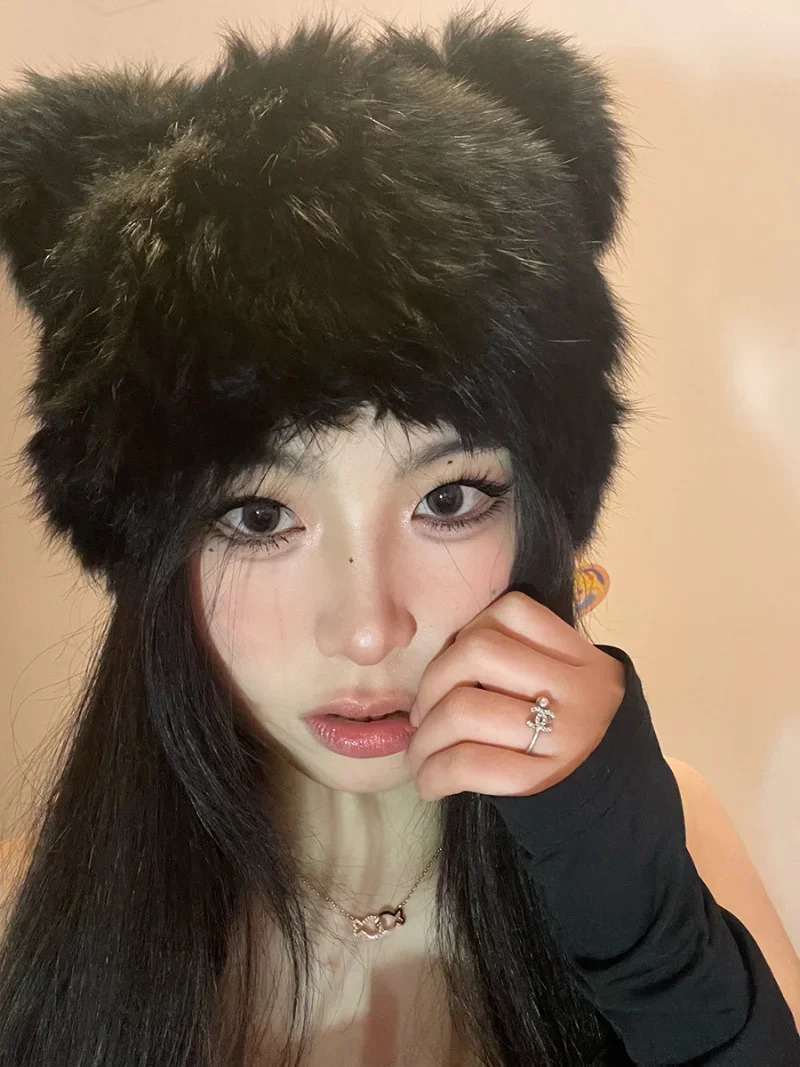 Black bear ears rabbit fur hat cute plush wrap head cap cold warm fur cap Y2k Girls Korean Hats Knitted Hat 250712