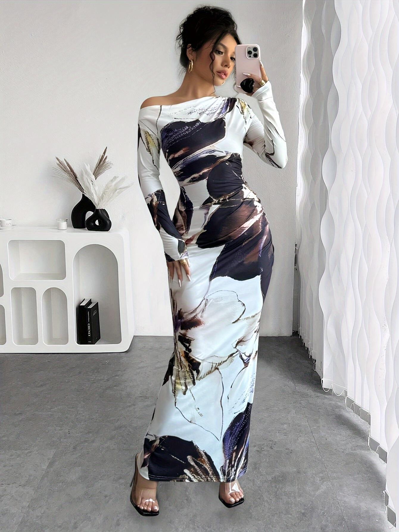 Summer New Women's Skirt New Off Shoulder Elegant Slimming Casual Long Skirt Printed Asymmetric Hip Wrapping Dress New Luxury Designer Women'