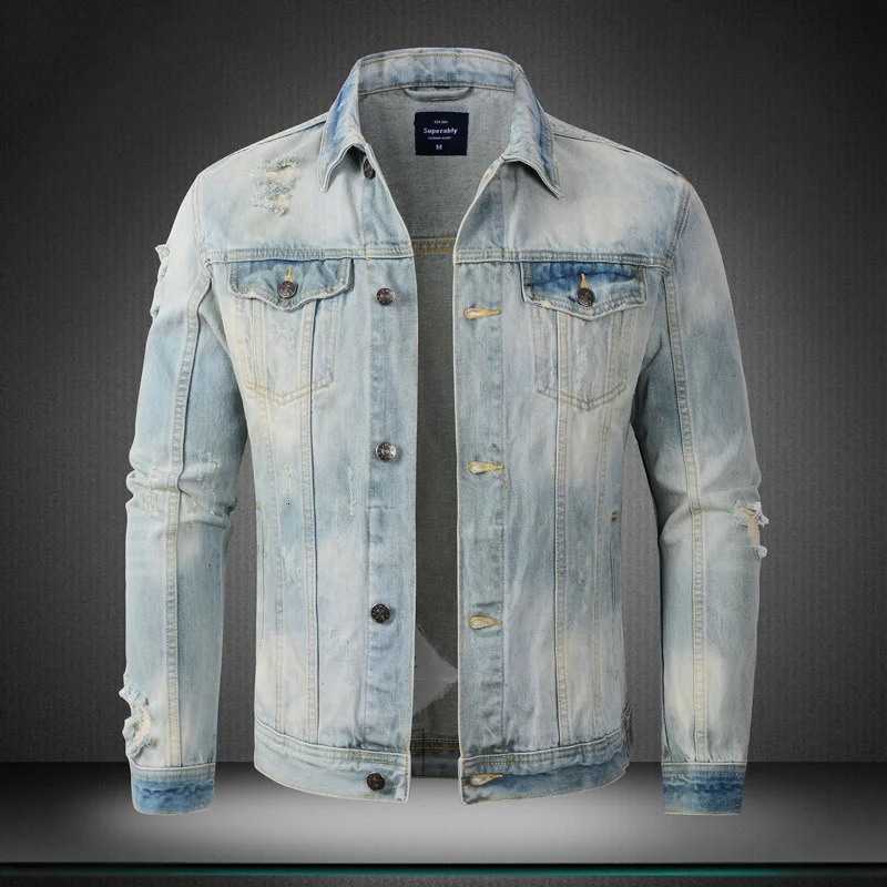 Street er Fashion Men Jacket Retro Washed Blue Ripped Denim Jacket Men Cotton Coat Embroidery Patched Y2K Vintage Chaqueta 250710