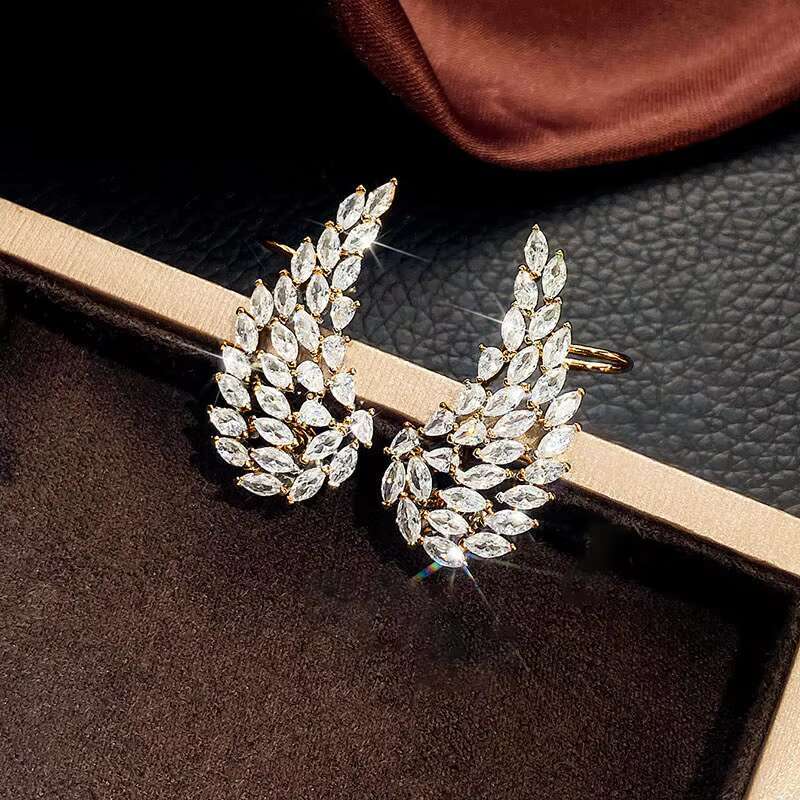 Angel Wing Feather Silver Gold Plated Zirconia Earrings Wedding Engagement Ear Bone Clip Bridal Stud Earrings for Women
