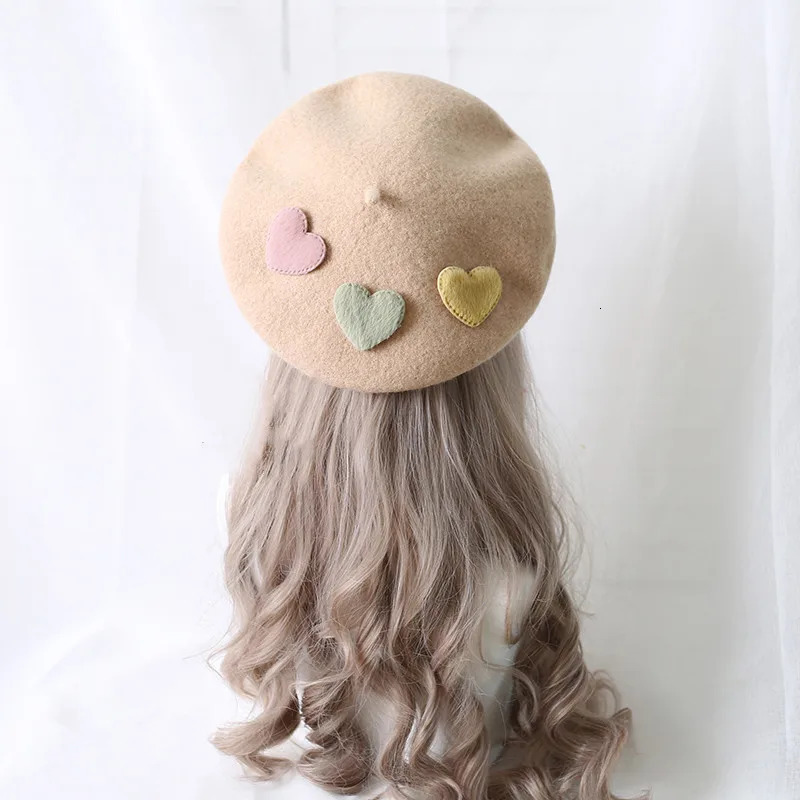 Cute Girls Kawaii Little love Beret Sweet Lolita Headwear Purple Beanies Hat Handmade Wool Felt Women Beret Wholesale 250712