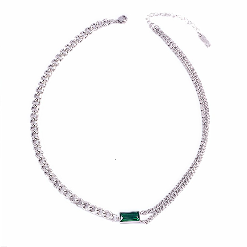 Luxury Jewelry Designer Jewelry Korean Fashion High-end Square Emerald Zircon Double Layer Necklace Simple Chain Double Chain Clavicle Chain