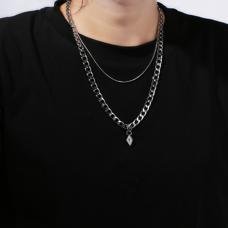 Luxury Jewelry Designer Jewelry Double Layer Cross Rhombus Pendant Necklace Hip Hop Layered Long Choker Men Versatile Simple Titanium Steel Women Tren