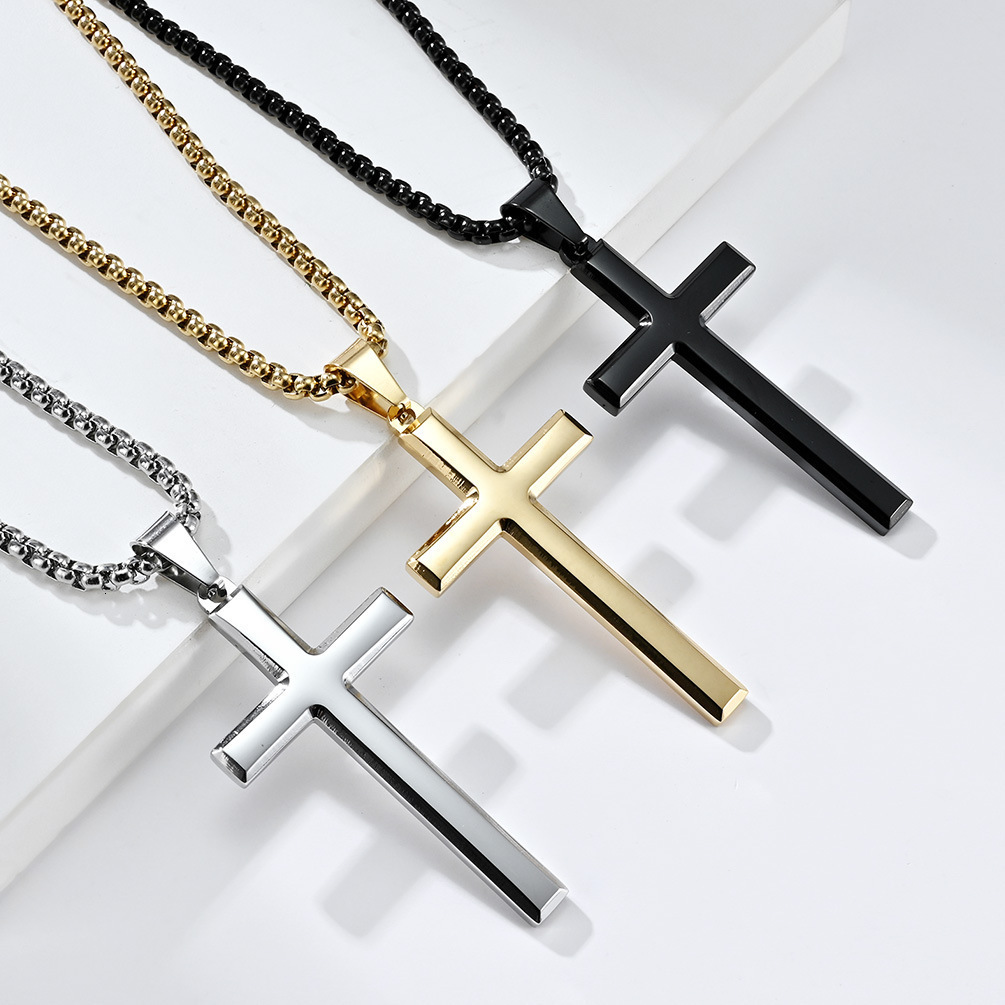 Luxury Jewelry Designer Jewelry Cross-border Amazon Simple Beveled Edge Stainless Steel Cross Pendant Unisex Style Niche Personality Necklace