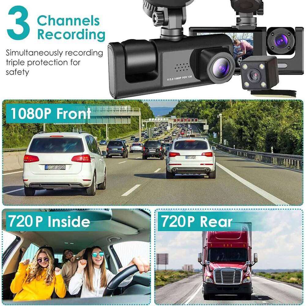 1080P Car Dvr 3 Camra Dash Cam Cars For Vehicle Recorder Video Front And Rear Camera W/ IR Night Vision Dashcam