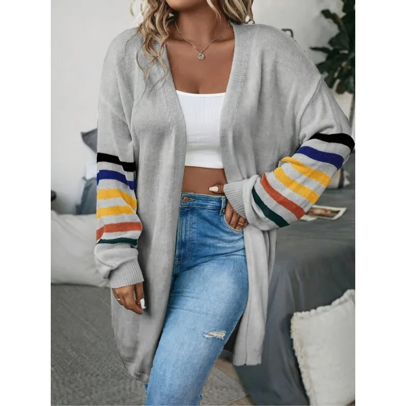 Plus Size Womens Fashionable Sleeve Striped Print Comfortable Elastic Hem Long Cardigan 250710