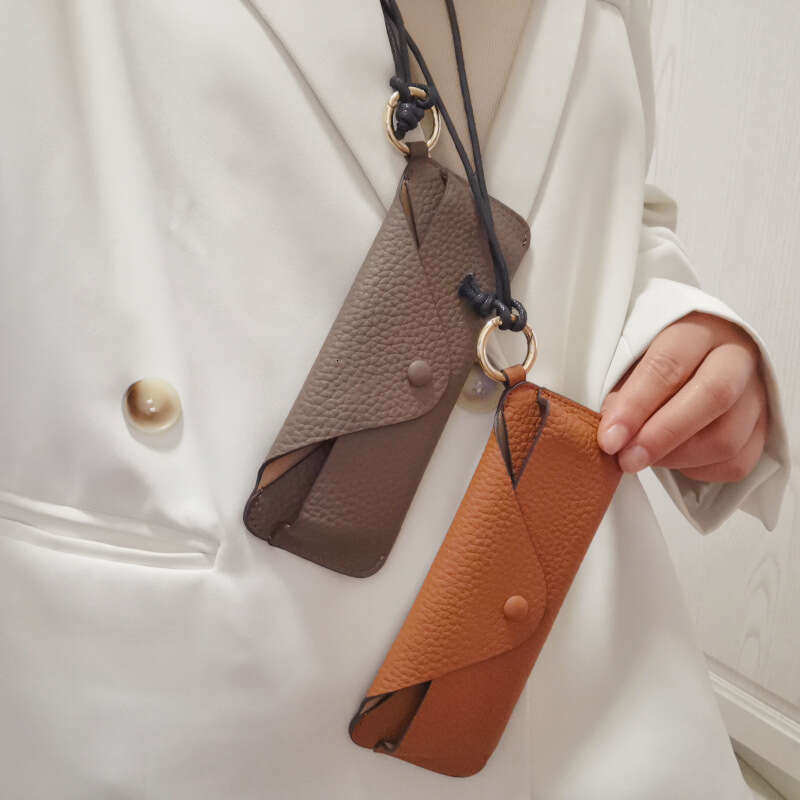 Neck Hanging Genuine Leather Pouch with Strap for Myopia Glasses Couple Storage Top Layer Cowhide Bag Sunglasses